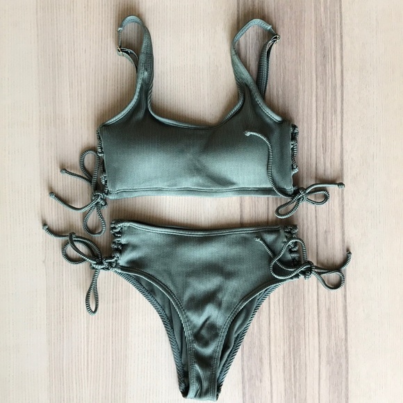 Kensie Green Ribbed Bikini Side Ties EUC